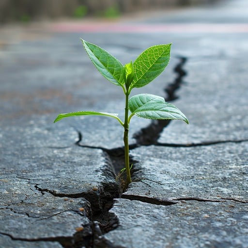 A small green plant growing through cracked concrete, symbolizing resilience, growth, and overcoming life challenges.